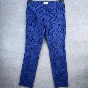The Essential Skinny By Anthropologie Pull On Side Zip Pants Blue Floral Print 8